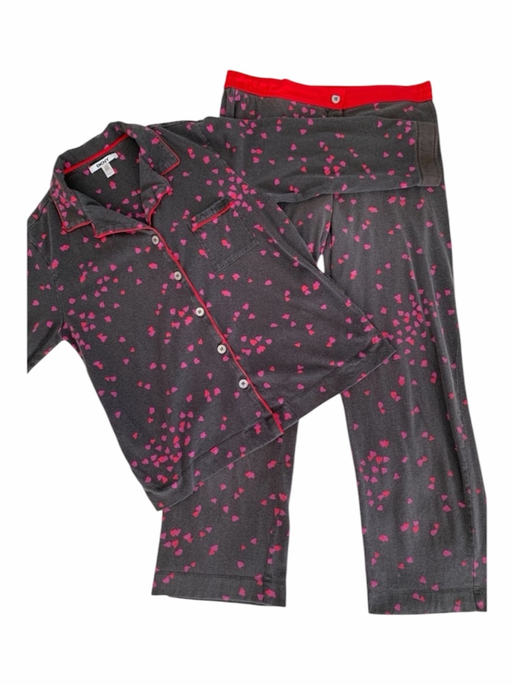 DKNY Pajamas Set Women’s M Grey Pink Hearts Loungewear 2 PCS Top Pants